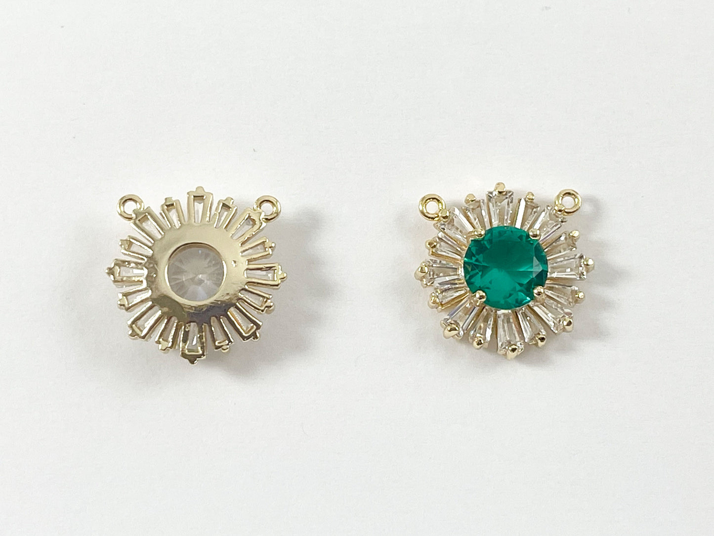 18K Gold Plated Brass Circle Baguette Cubic Zirconia Pave Rhinestone Clear Green Top Pendant Charm Over Brass 6pcs