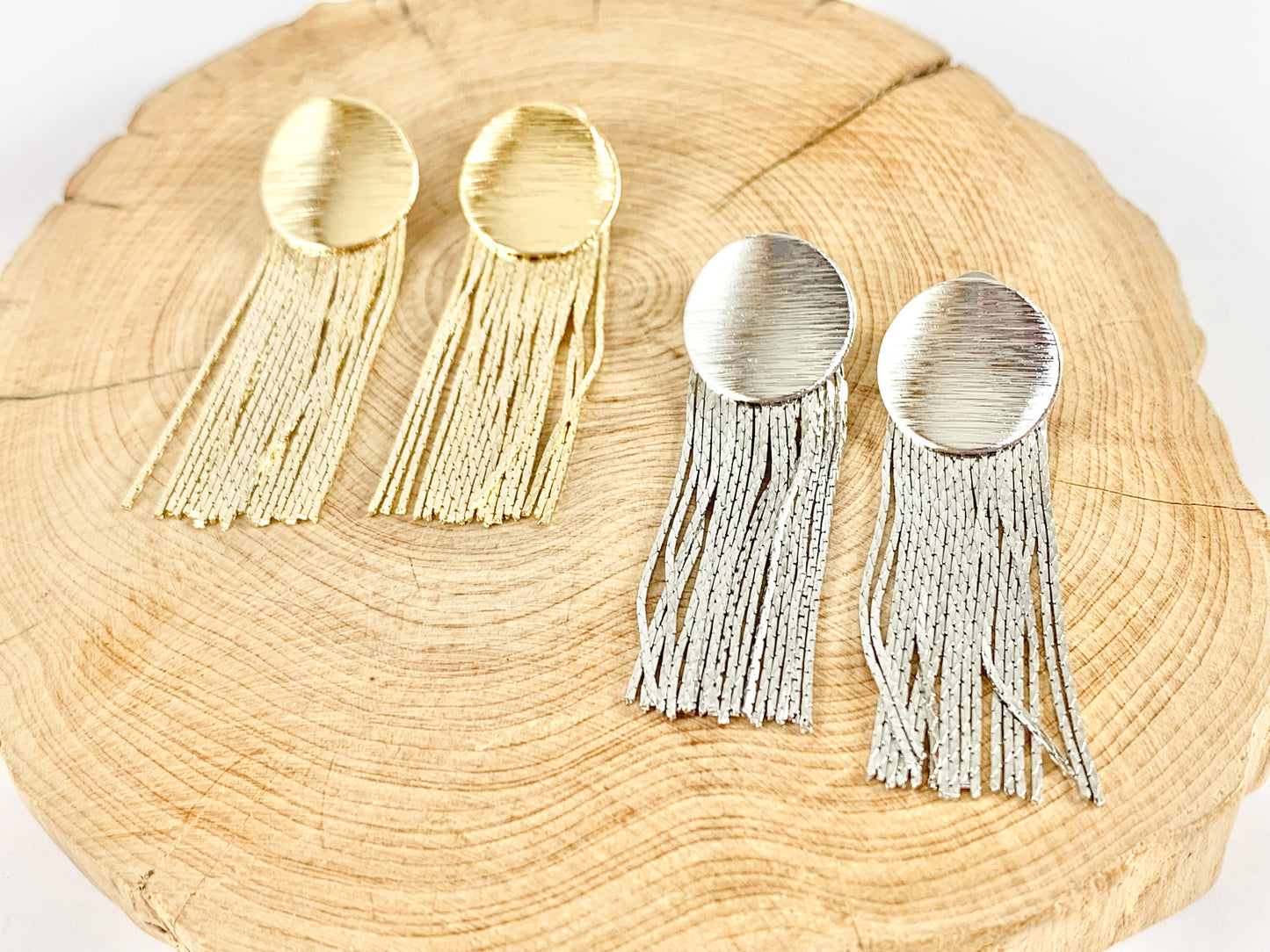 Cute Fringy Coin Circle Tassel Earrings in 18K gold or Silver plated copper 3 pairs