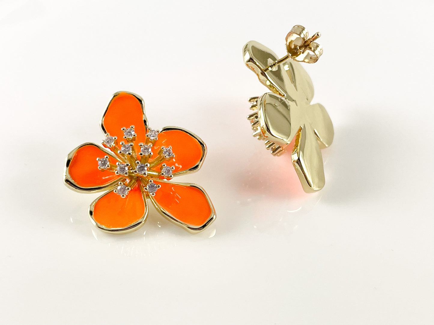 Real 18K Gold Plated CZ Pave Enamel Neon Orange Pink Yellow Mint White Daisy Flower Earring Post Over Copper 3 pairs