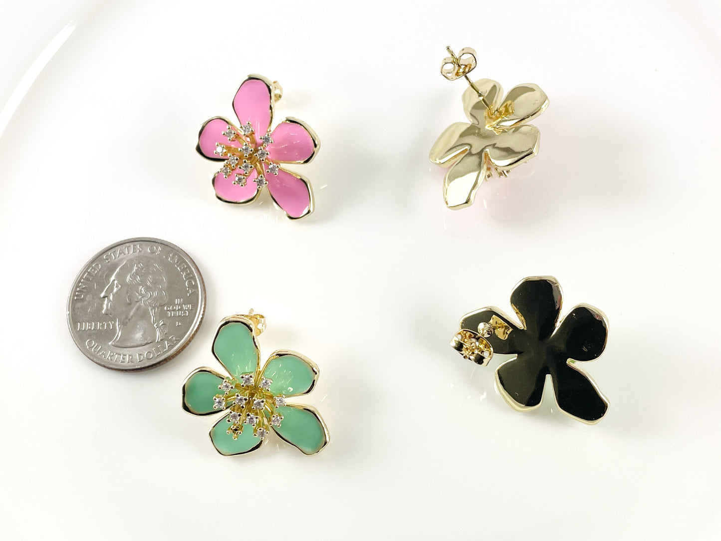 Real 18K Gold Plated CZ Pave Enamel Neon Orange Pink Yellow Mint White Daisy Flower Earring Post Over Copper 3 pairs