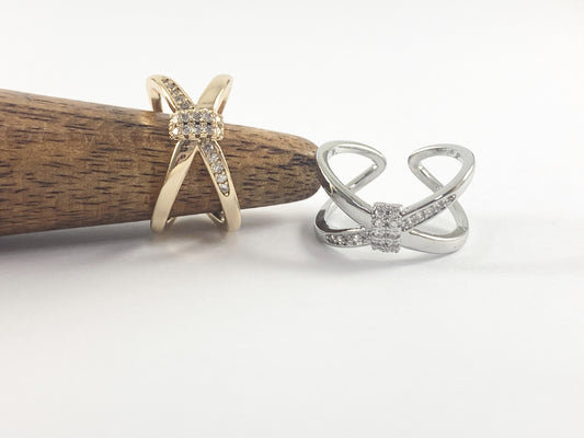 Real Gold 18K Plated Copper CZ Pave Criss Cross Adjustable Ring 4 pcs