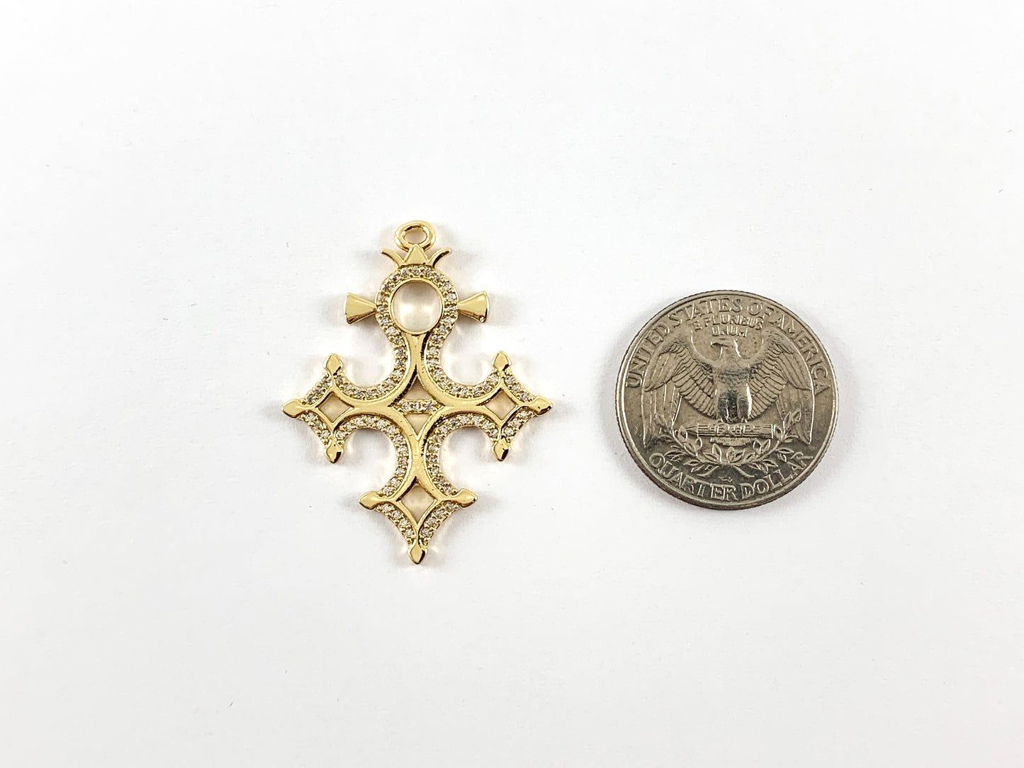 Real Gold 18K Plated Micro CZ Pave Cross Pendant with Crown Over Copper 4pcs