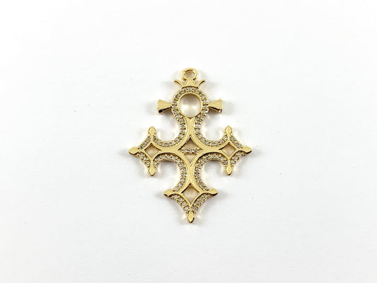 Real Gold 18K Plated Micro CZ Pave Cross Pendant with Crown Over Copper 4pcs