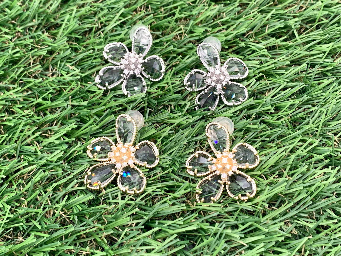 Big Beautiful Crystal Flower CZ Pave Earring Studs in Gold or Silver 18K Plating over Copper 2 pairs