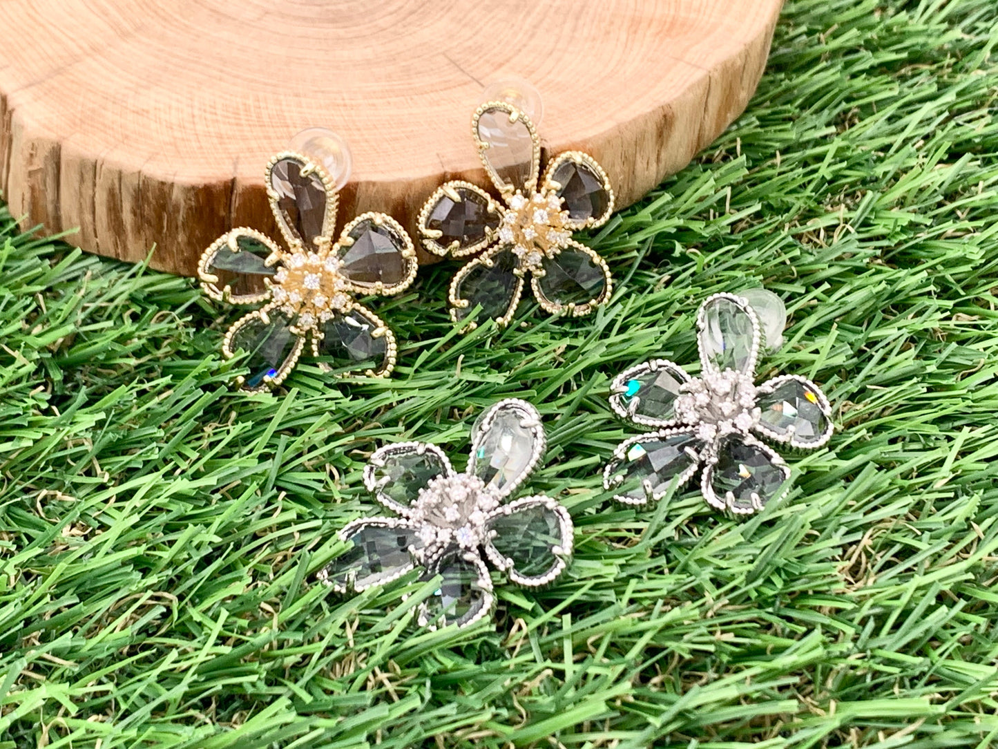 Big Beautiful Crystal Flower CZ Pave Earring Studs in Gold or Silver 18K Plating over Copper 2 pairs