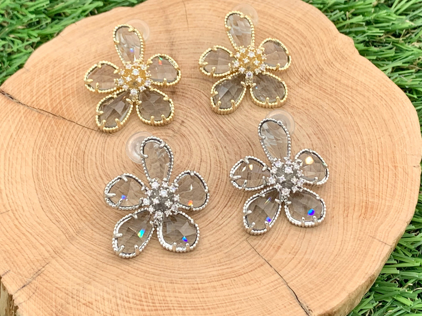 Big Beautiful Crystal Flower CZ Pave Earring Studs in Gold or Silver 18K Plating over Copper 2 pairs