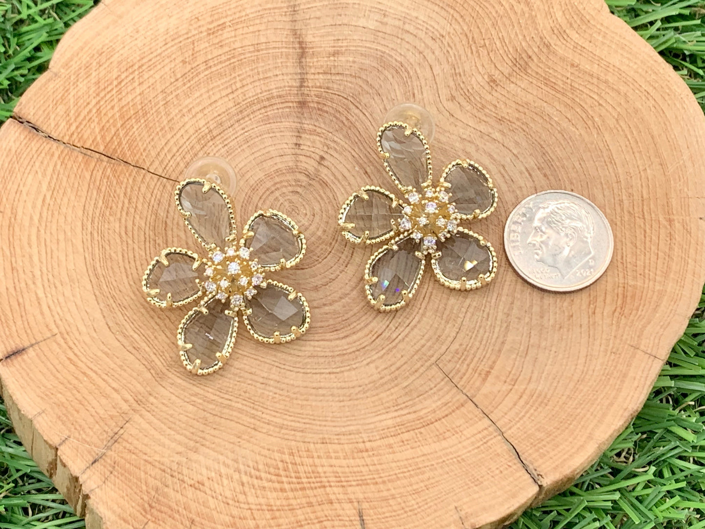 Big Beautiful Crystal Flower CZ Pave Earring Studs in Gold or Silver 18K Plating over Copper 2 pairs