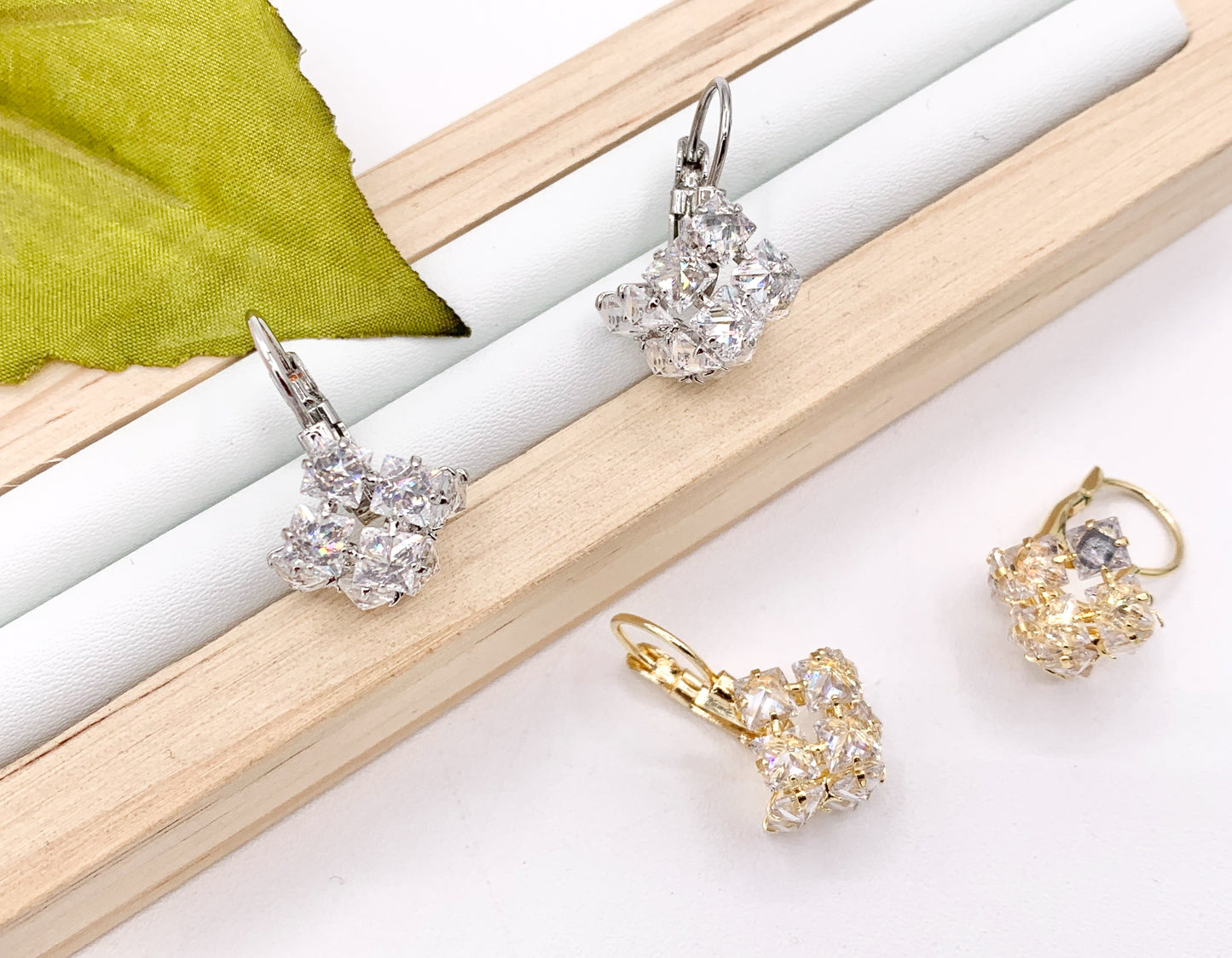3D Cube Square Rhinestone Lever Back Earrings in 18K Gold/Silver plated Copper 3 pairs