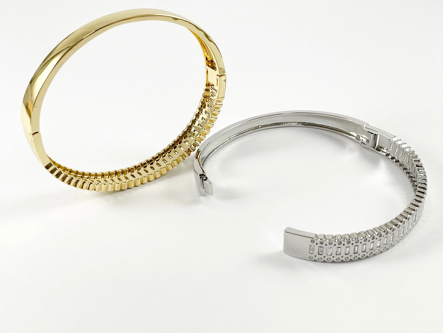 Real Gold/Platinum 18K Plated Copper CZ Pave Cluster Rhinestone Fancy Push Open Snap Bracelet Cuffs