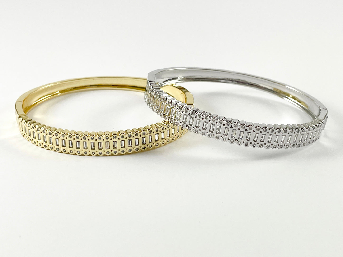 Real Gold/Platinum 18K Plated Copper CZ Pave Cluster Rhinestone Fancy Push Open Snap Bracelet Cuffs