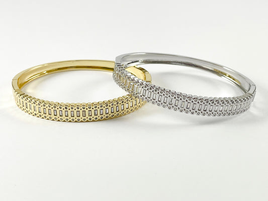 Real Gold/Platinum 18K Plated Copper CZ Pave Cluster Rhinestone Fancy Push Open Snap Bracelet Cuffs