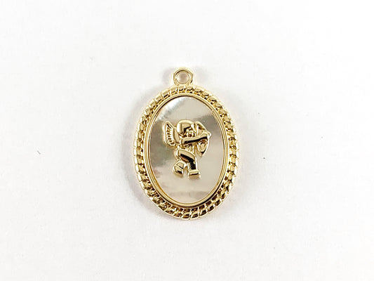 Real Gold 18K Plated Shell Cupid Oval Pendant Charm Over Brass 6pcs