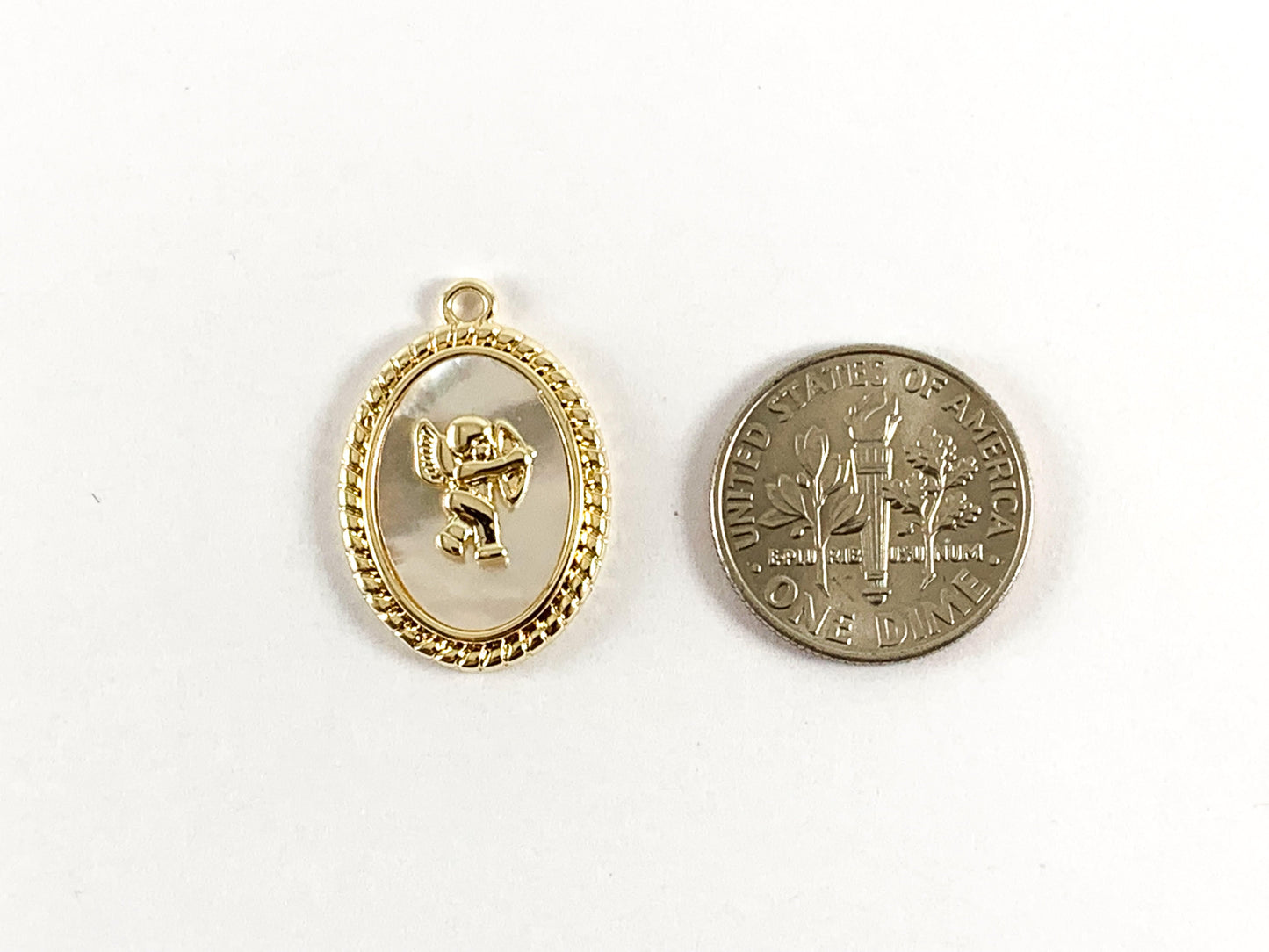 Real Gold 18K Plated Shell Cupid Oval Pendant Charm Over Brass 6pcs
