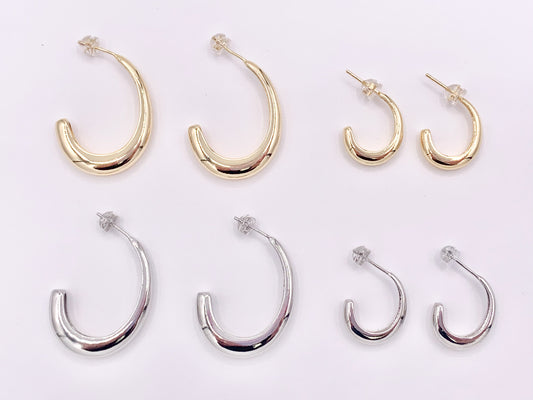 Minimalist Curved Hoops Earrings over 18K gold or Silver Plated Copper 2 Sizes 4 pairs