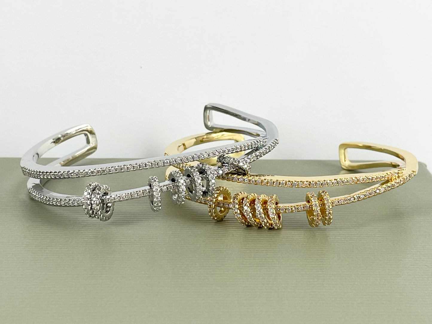 Criss Cross Dangle Coin Shiny Adjustable Bracelet Cuffs Real Gold/Silver 18K Plated CZ Pave over Copper 1 cuff