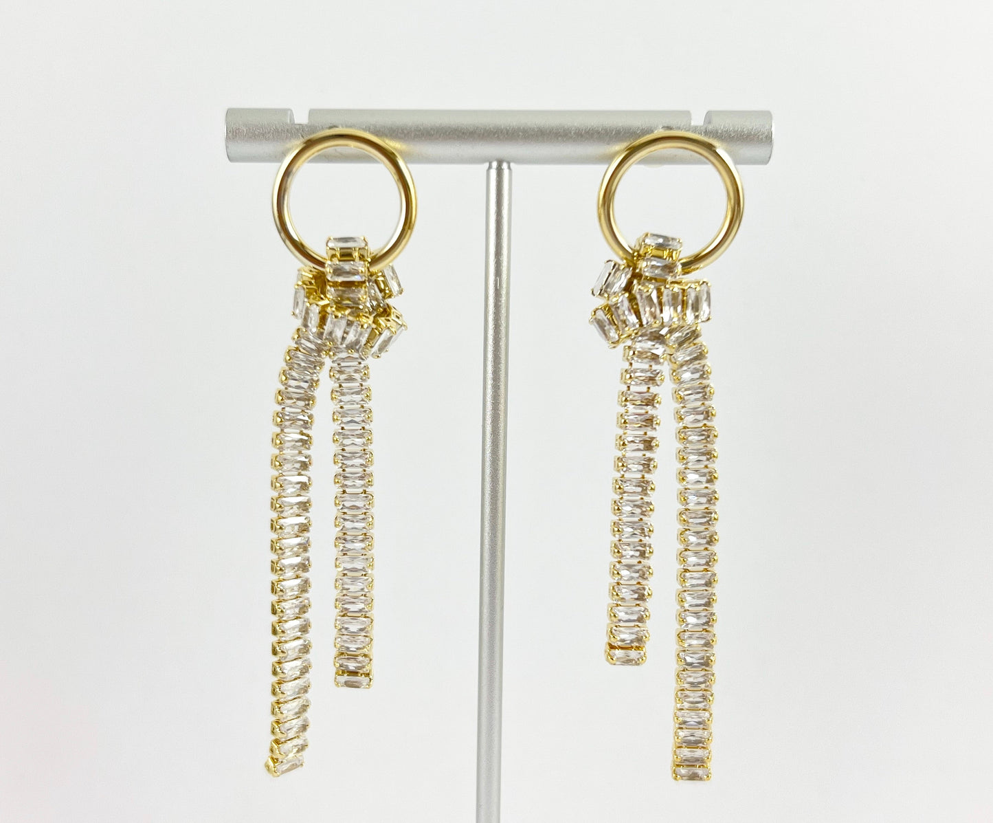 Beautiful Knot Earrings in CZ Pave Baguette Rhinestone Earrings in 18K Gold or Silver plated over Copper 1 pair
