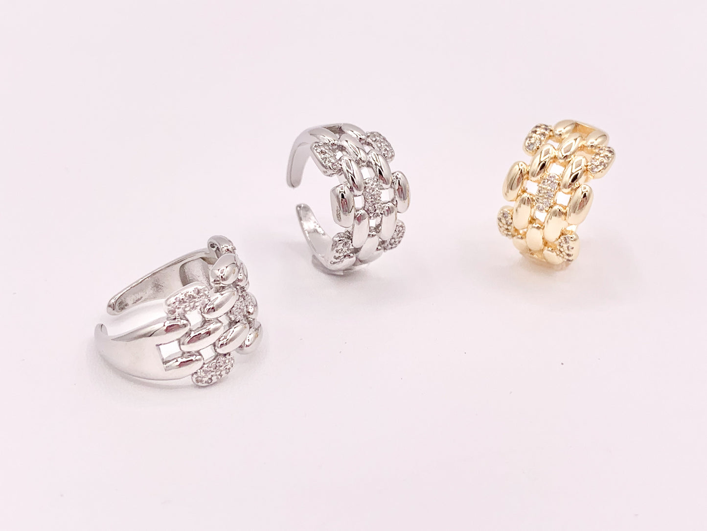 18K Gold or Platinum Plated CZ Pave Linked Braided Adjustable Ring 4pcs