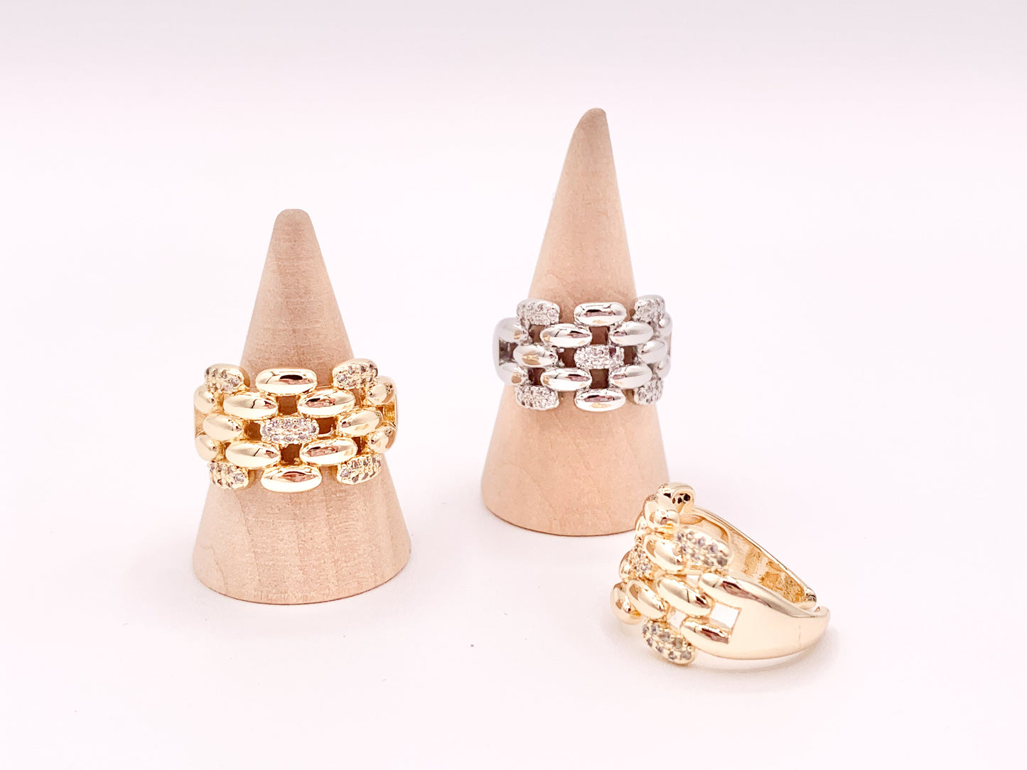 18K Gold or Platinum Plated CZ Pave Linked Braided Adjustable Ring 4pcs