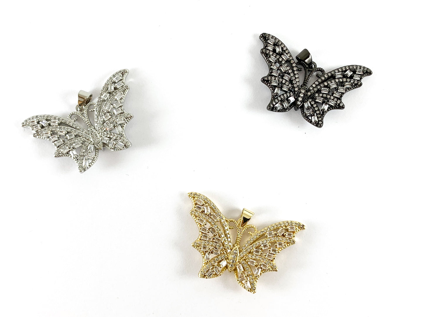 Real Gold/Platinum 18K Plated Micro CZ Butterfly Pave Pendant Over Brass 2pcs
