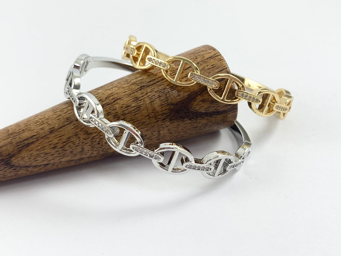 Mariner Coffee Bean Link Bling Stackable Bracelet Cuff in Gold or Silver Plated CZ Pave Adjustable Pig Nose Bracelet Cuffs over Brass 1 bracelet