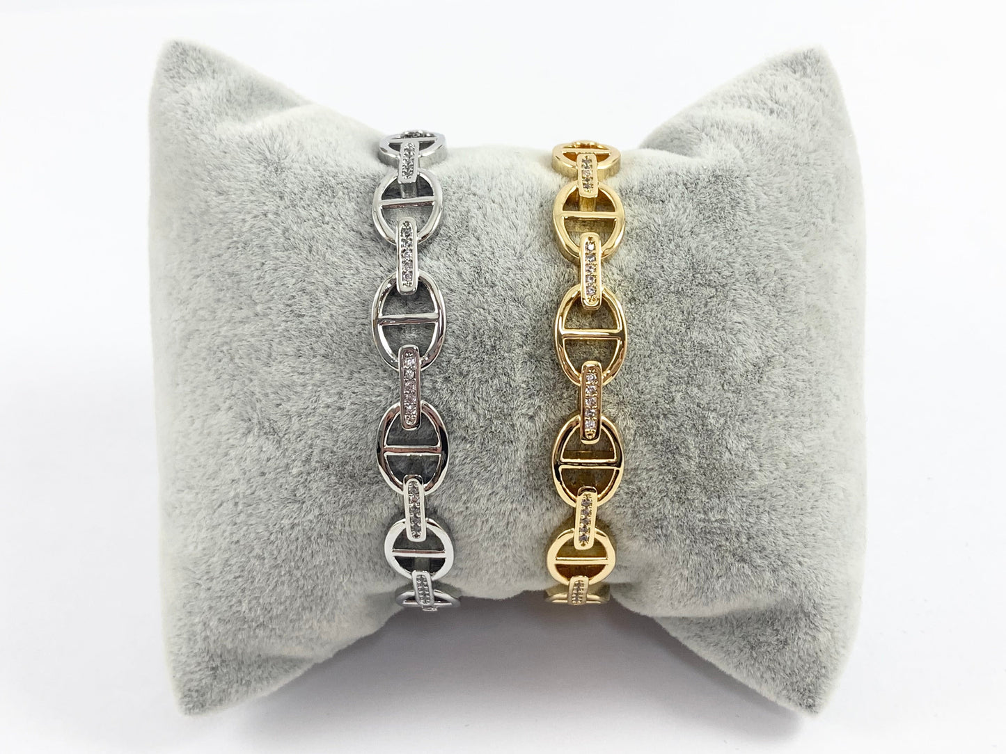 Mariner Coffee Bean Link Bling Stackable Bracelet Cuff in Gold or Silver Plated CZ Pave Adjustable Pig Nose Bracelet Cuffs over Brass 1 bracelet