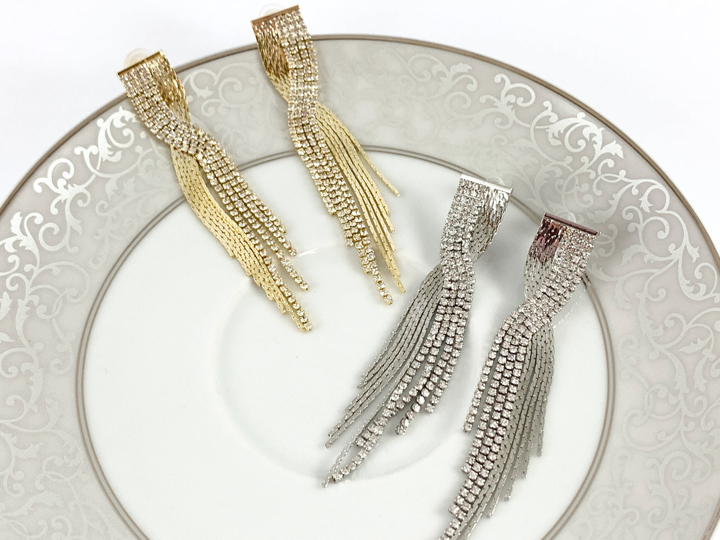 Glamorous fringe Crossover Rhinestone Tassel Earrings in 18K Gold or Silver Plated over Copper 1 pair