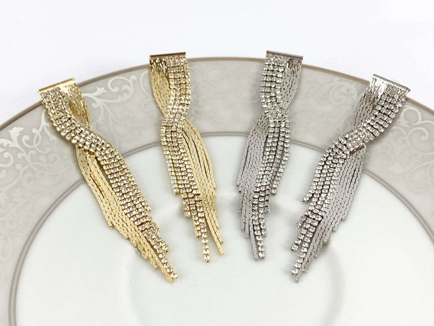 Glamorous fringe Crossover Rhinestone Tassel Earrings in 18K Gold or Silver Plated over Copper 1 pair