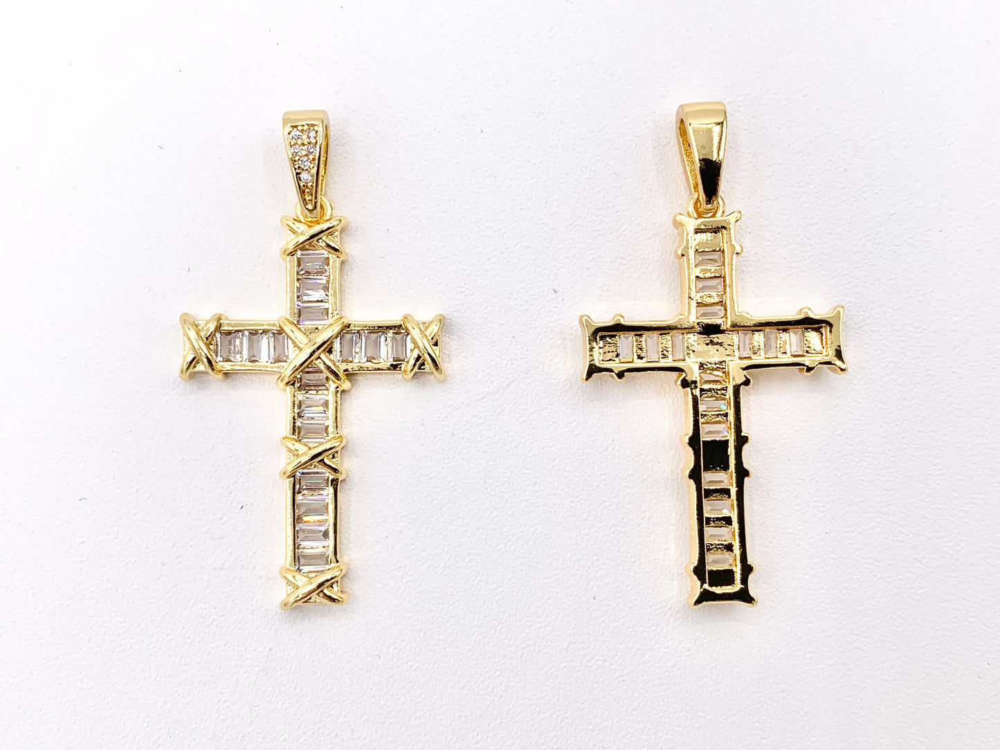 High Quality Cross Pendants in Real Gold/Platinum 18K Plated Micro CZ Baguette Pave Cross Pendant Over Copper 4 pcs