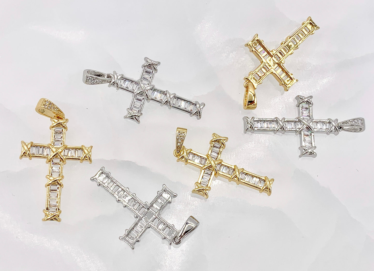 High Quality Cross Pendants in Real Gold/Platinum 18K Plated Micro CZ Baguette Pave Cross Pendant Over Copper 4 pcs
