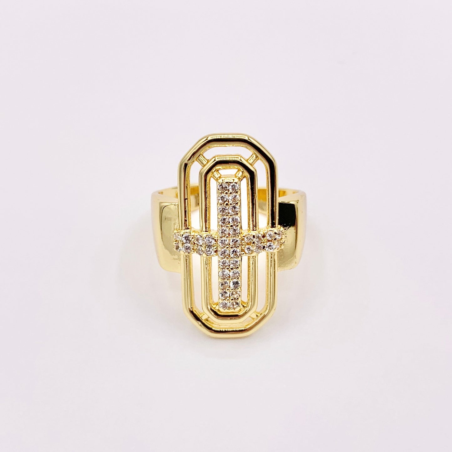 Faith Inspired Statement Cross Ring in CZ Pave Adjustable Rings in 18K Gold Plated Copper 4pcs