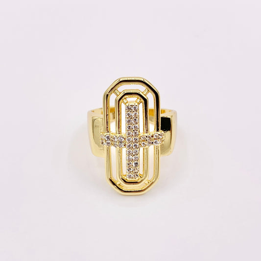 Faith Inspired Statement Cross Ring in CZ Pave Adjustable Rings in 18K Gold Plated Copper 4pcs