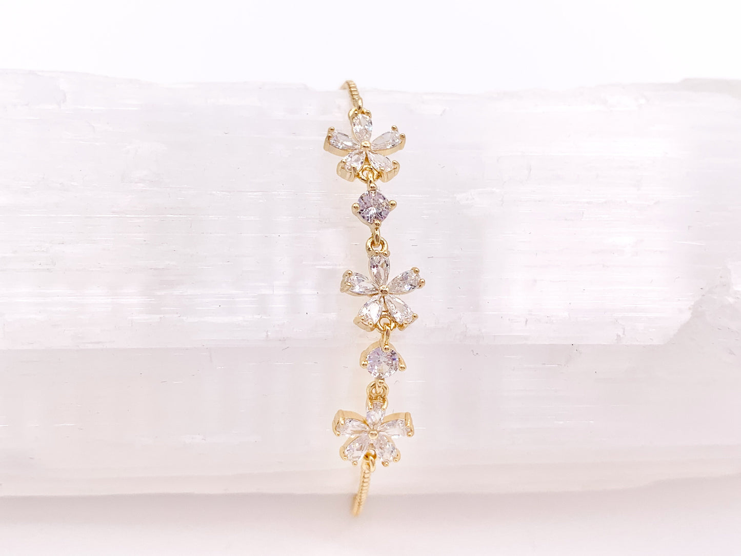 Dainty Daisies CZ Pave Rhinestone Box Chain Dainty Slide Adjustable Bracelets in 18K Gold Plated Copper 3 pcs