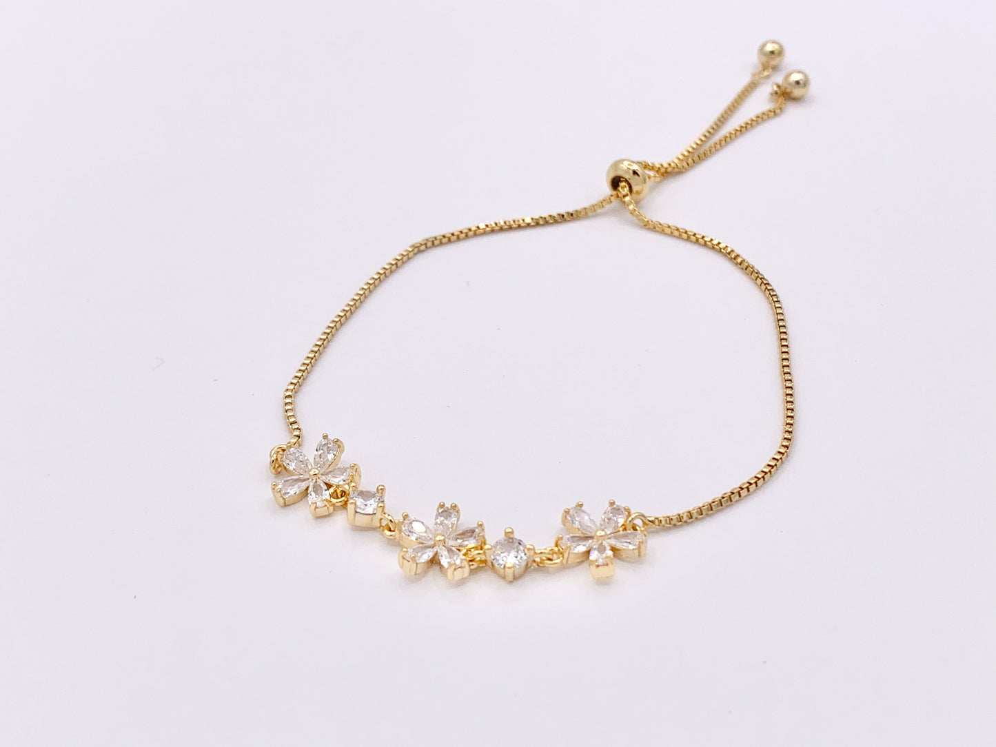 Dainty Daisies CZ Pave Rhinestone Box Chain Dainty Slide Adjustable Bracelets in 18K Gold Plated Copper 3 pcs