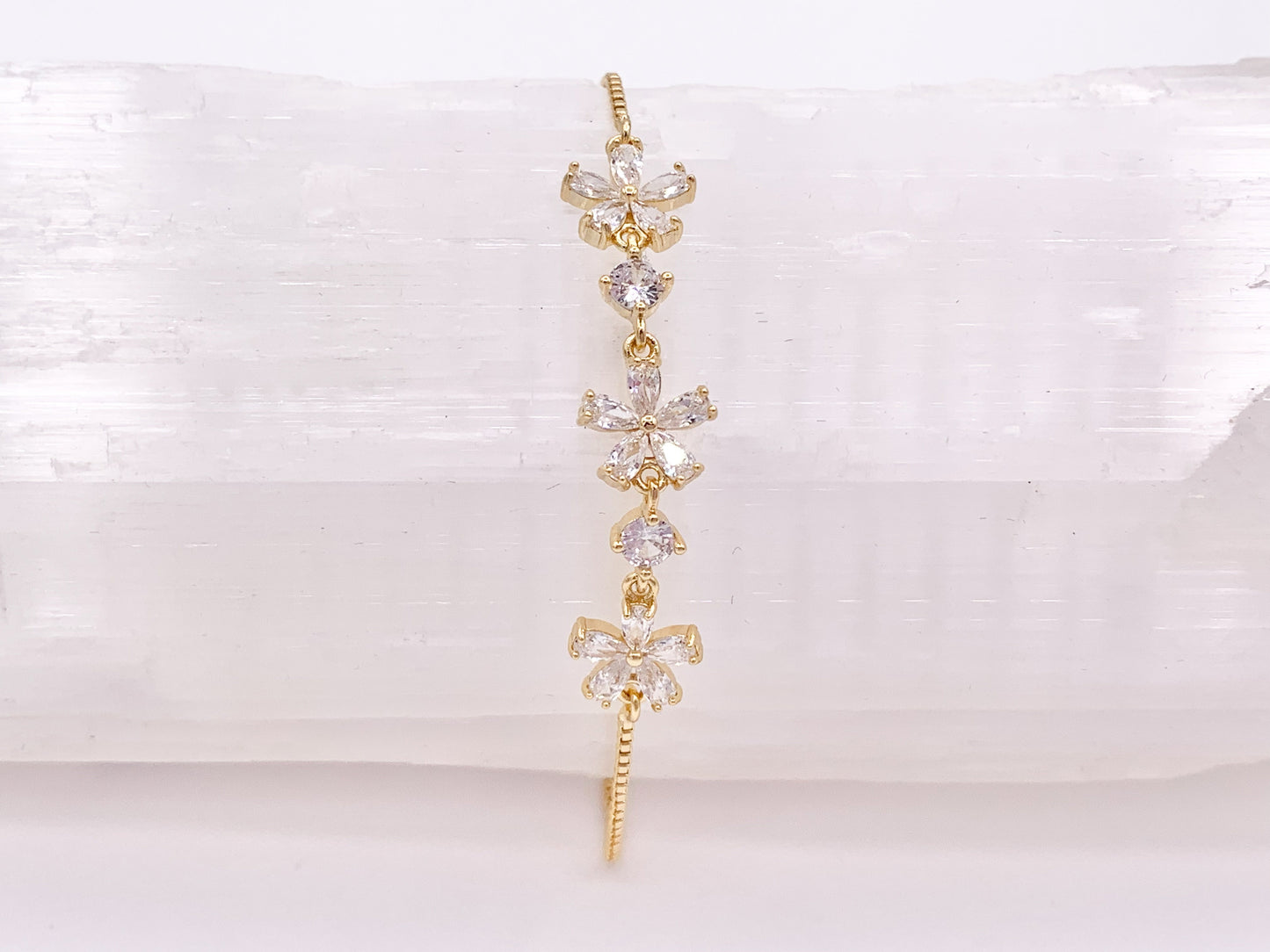 Dainty Daisies CZ Pave Rhinestone Box Chain Dainty Slide Adjustable Bracelets in 18K Gold Plated Copper 3 pcs