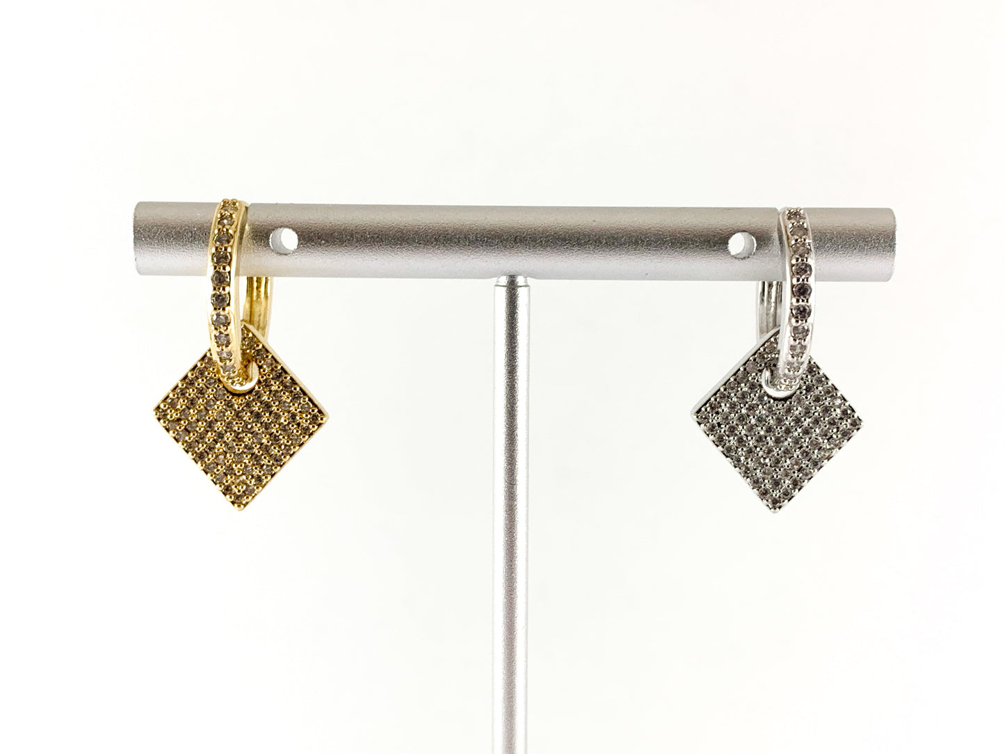 Real Gold/Platinum 18K Micro CZ Pave Dangle Diamond Shape Earring Huggies 3 pairs