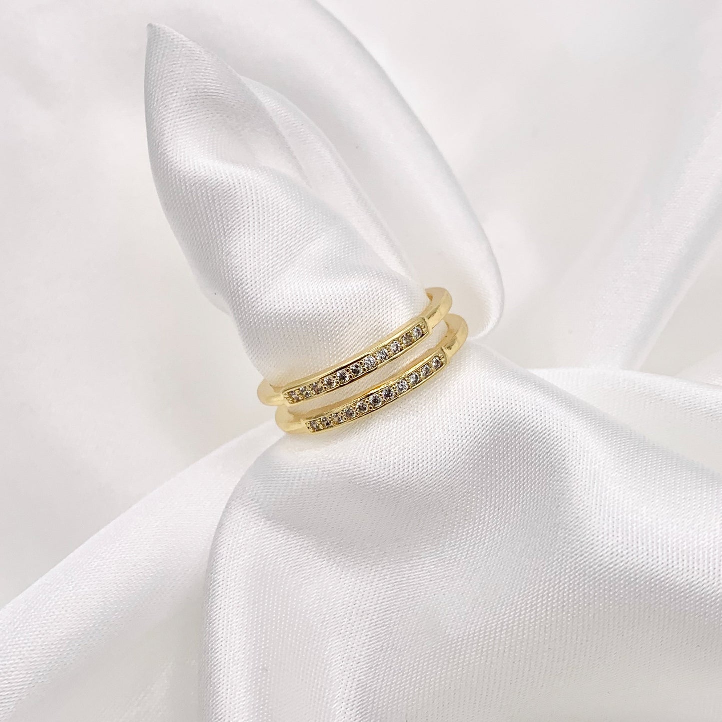 Simple Cubic Zirconia Double Band Ring in 18K Gold Plated Adjustable Ring 6pcs