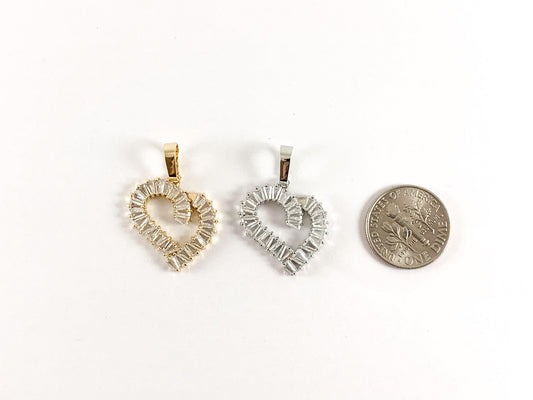 Real Gold/Platinum 18K Plated Micro CZ Pave Rhinestone Heart Pendant Charm Over Brass 6pcs