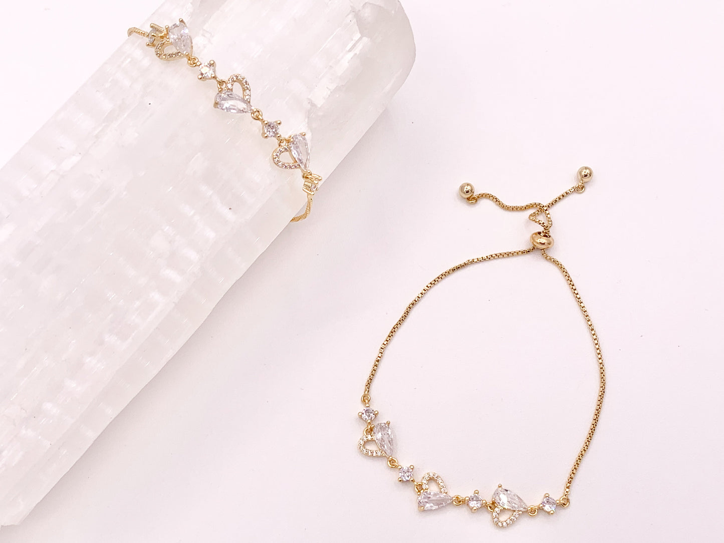 Dainty Hearts CZ Pave Rhinestone Box Chain Dainty Slide Adjustable Bracelets in 18K Gold Plated Copper 2 pcs