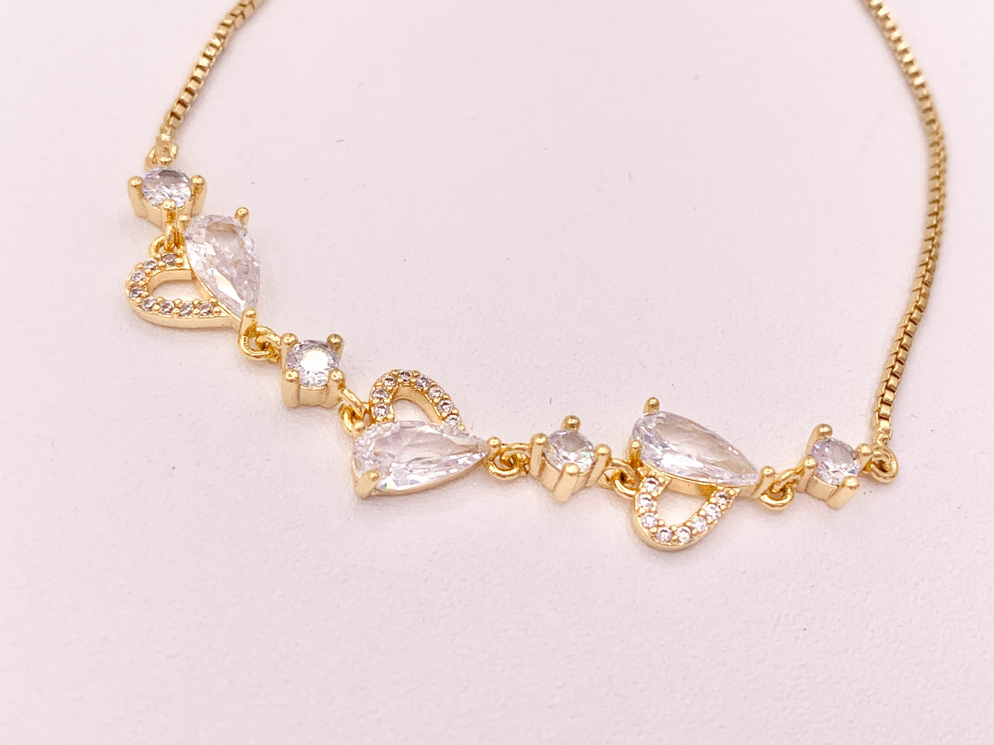 Dainty Hearts CZ Pave Rhinestone Box Chain Dainty Slide Adjustable Bracelets in 18K Gold Plated Copper 2 pcs