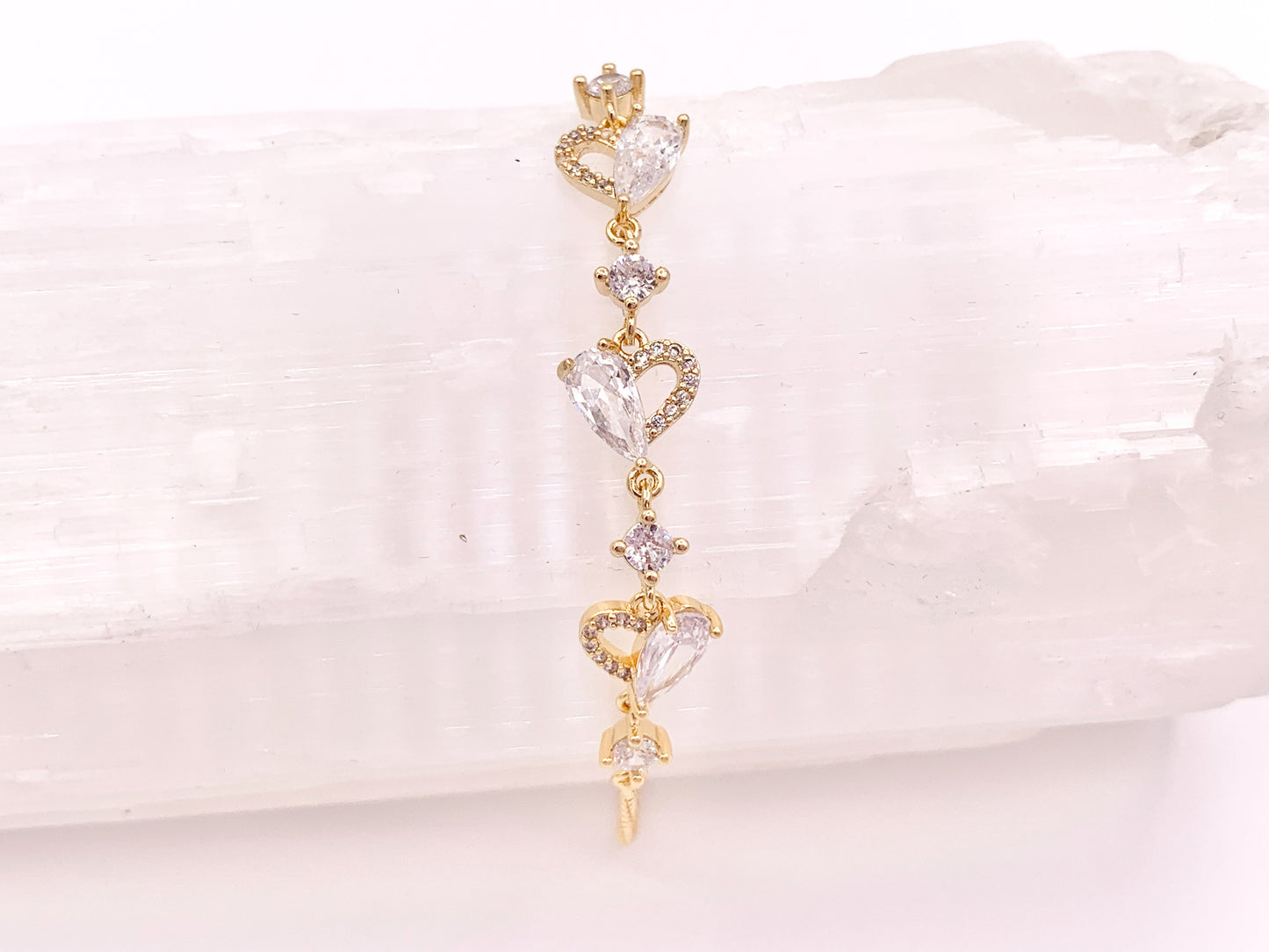 Dainty Hearts CZ Pave Rhinestone Box Chain Dainty Slide Adjustable Bracelets in 18K Gold Plated Copper 2 pcs