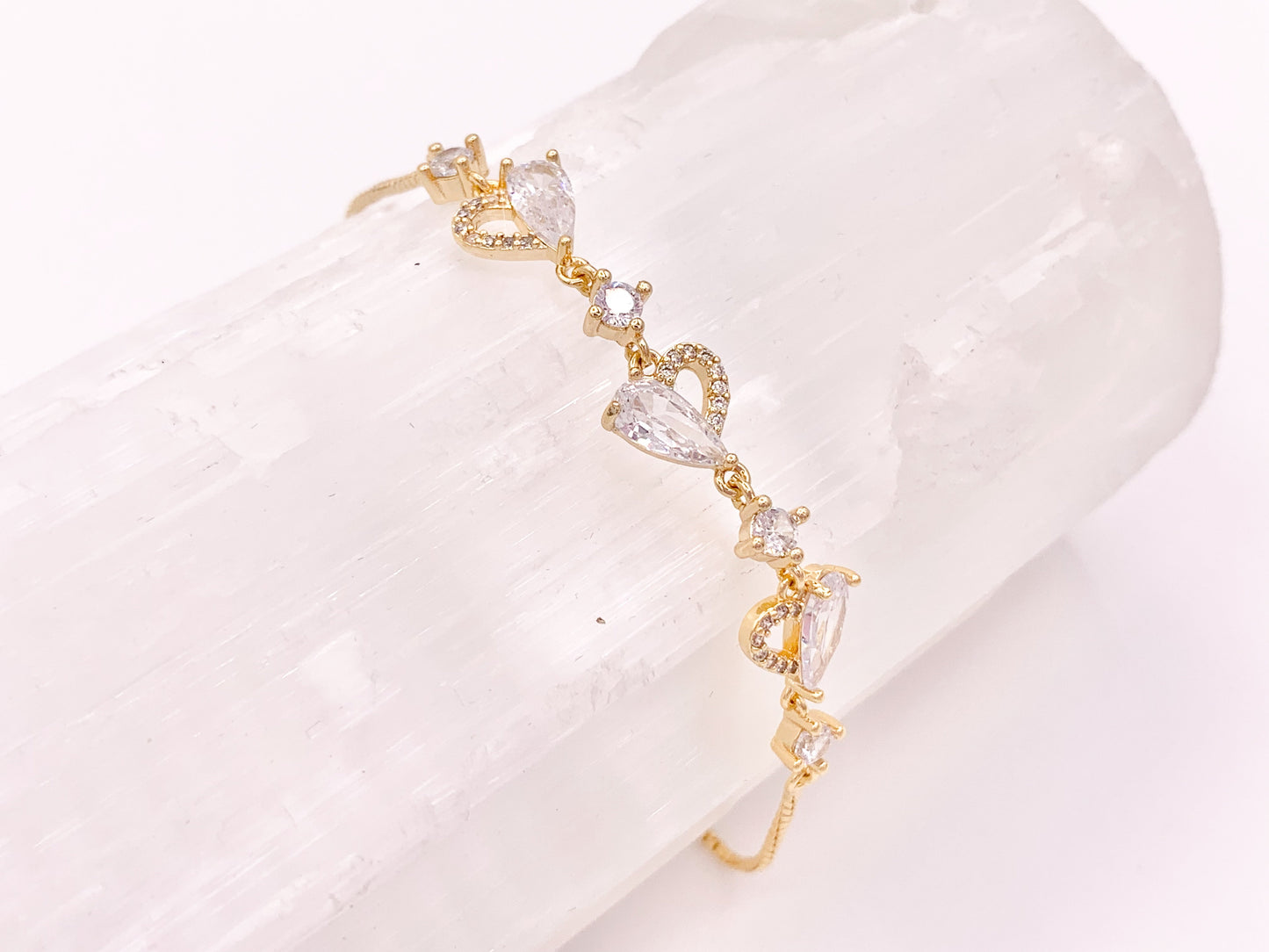 Dainty Hearts CZ Pave Rhinestone Box Chain Dainty Slide Adjustable Bracelets in 18K Gold Plated Copper 2 pcs