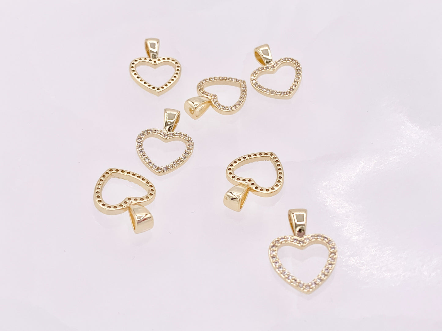 Dainty Heart Hollow Rhinestone Heart Charm Pendants in CZ Pave 18K Gold Plated Copper 10pcs