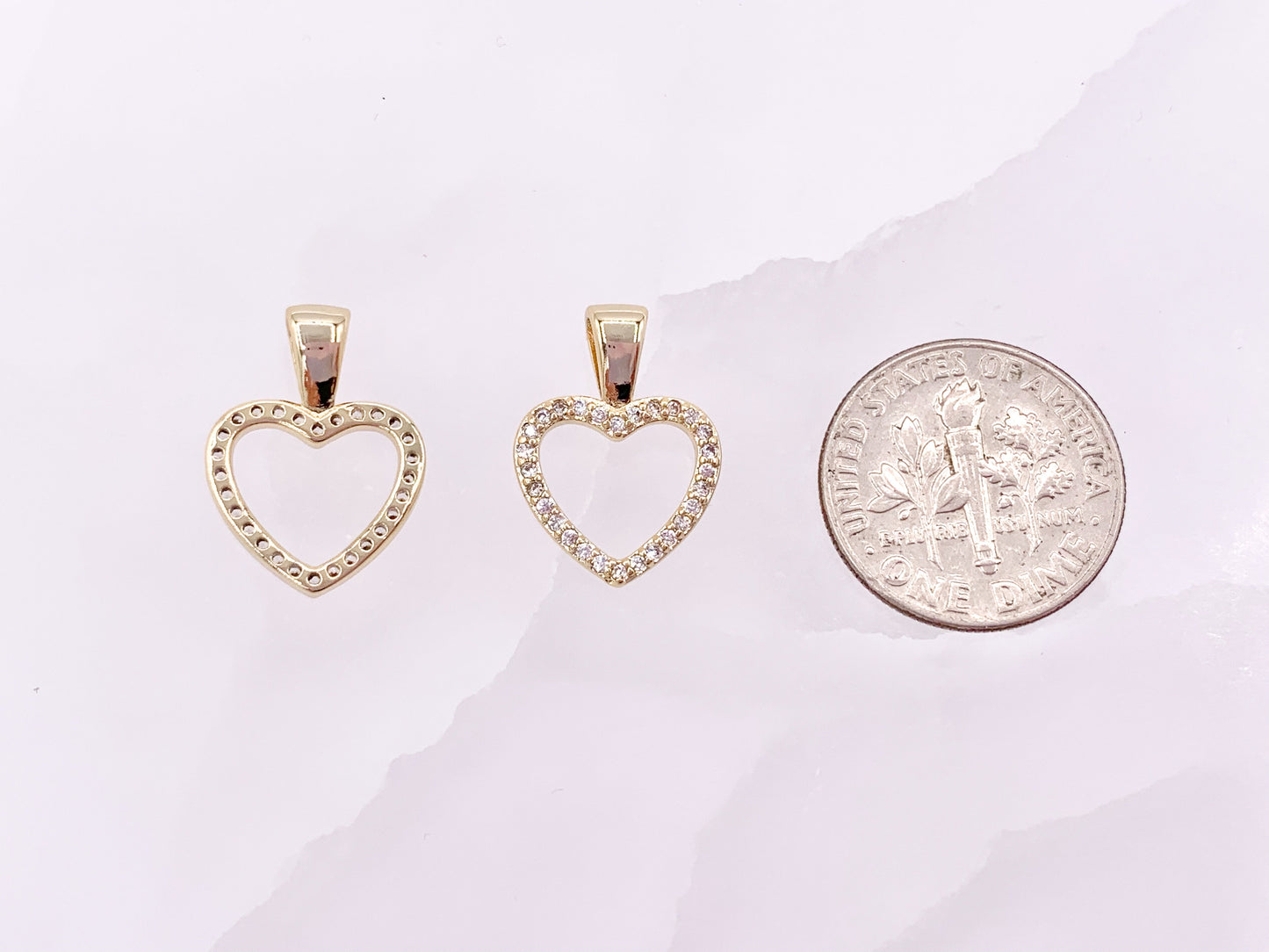 Dainty Heart Hollow Rhinestone Heart Charm Pendants in CZ Pave 18K Gold Plated Copper 10pcs