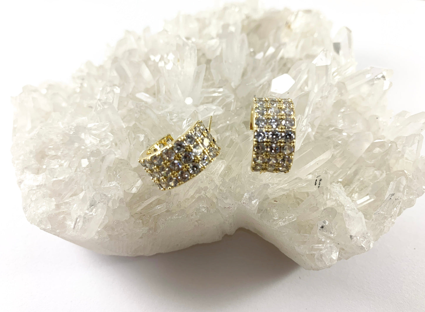 Dazzling Rhinestone Thick CZ Pave Huggie Hoop Earrings in 18K gold or Silver Plated Copper 3 pairs
