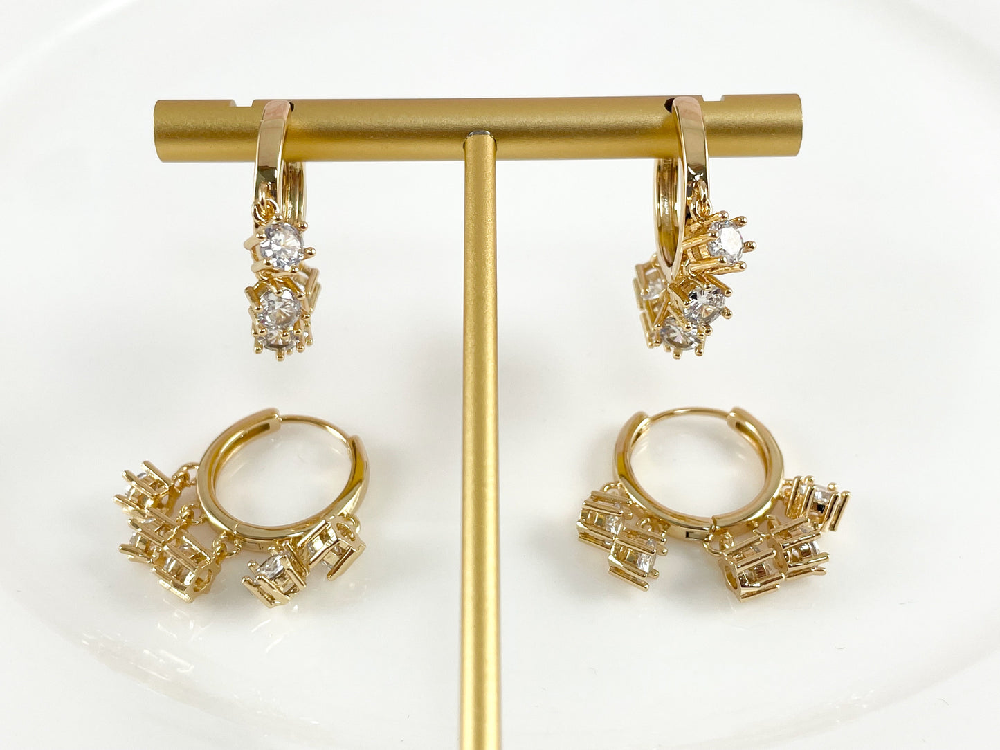 18K Gold Plated Dainty CZ Pave Coin Dangle Huggie Hoop Earrings 3 pairs