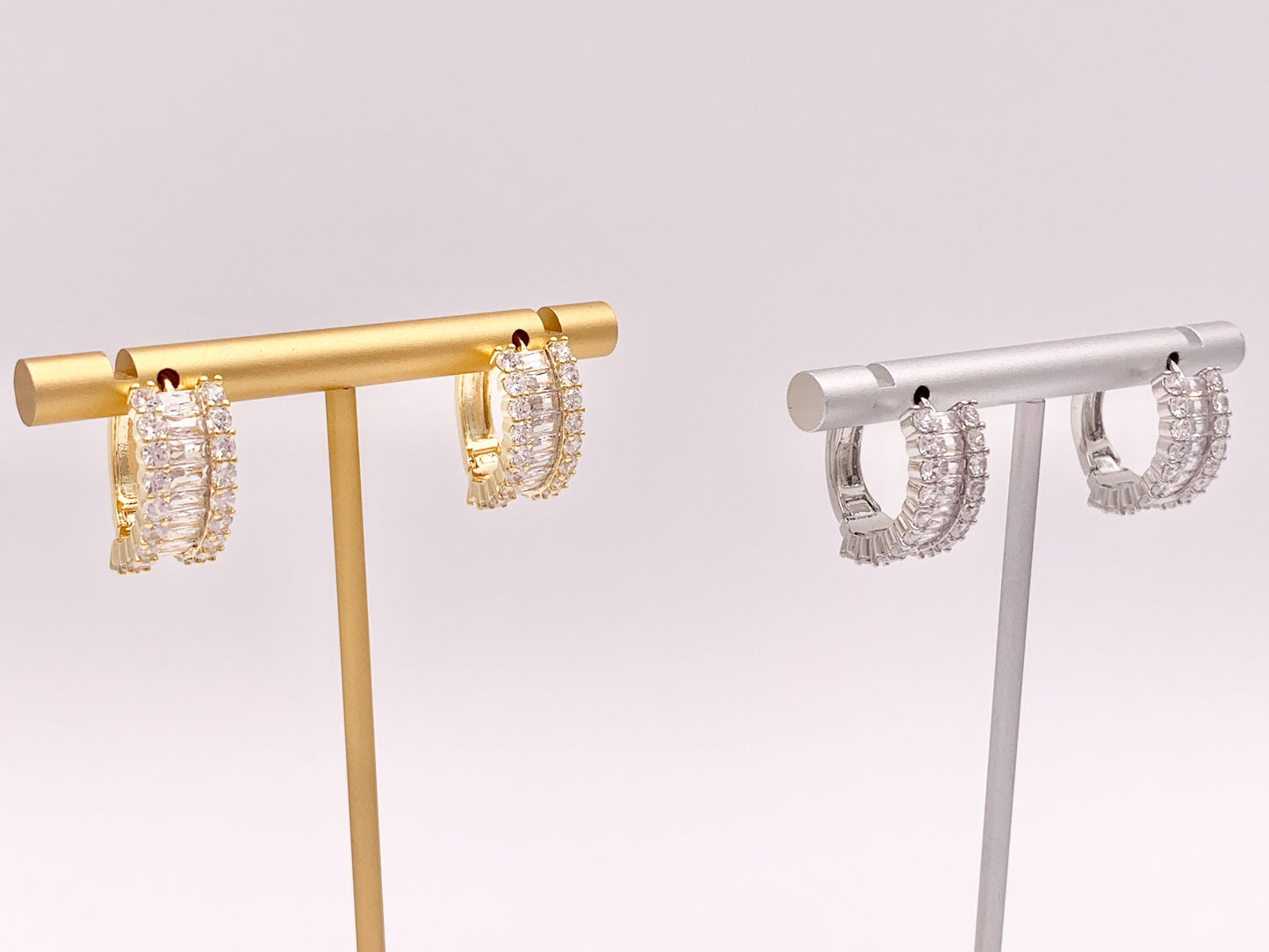 Striking Rhinestone Cubic Zirconia Pave Huggie Earrings in 18K gold or Silver Plated Copper 3 pairs