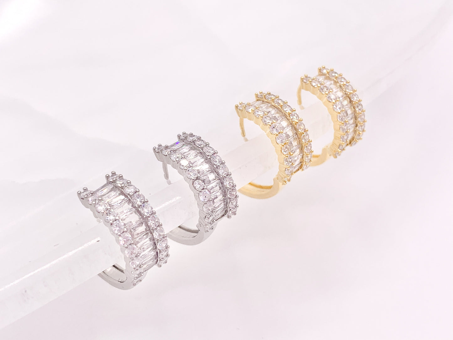 Striking Rhinestone Cubic Zirconia Pave Huggie Earrings in 18K gold or Silver Plated Copper 3 pairs