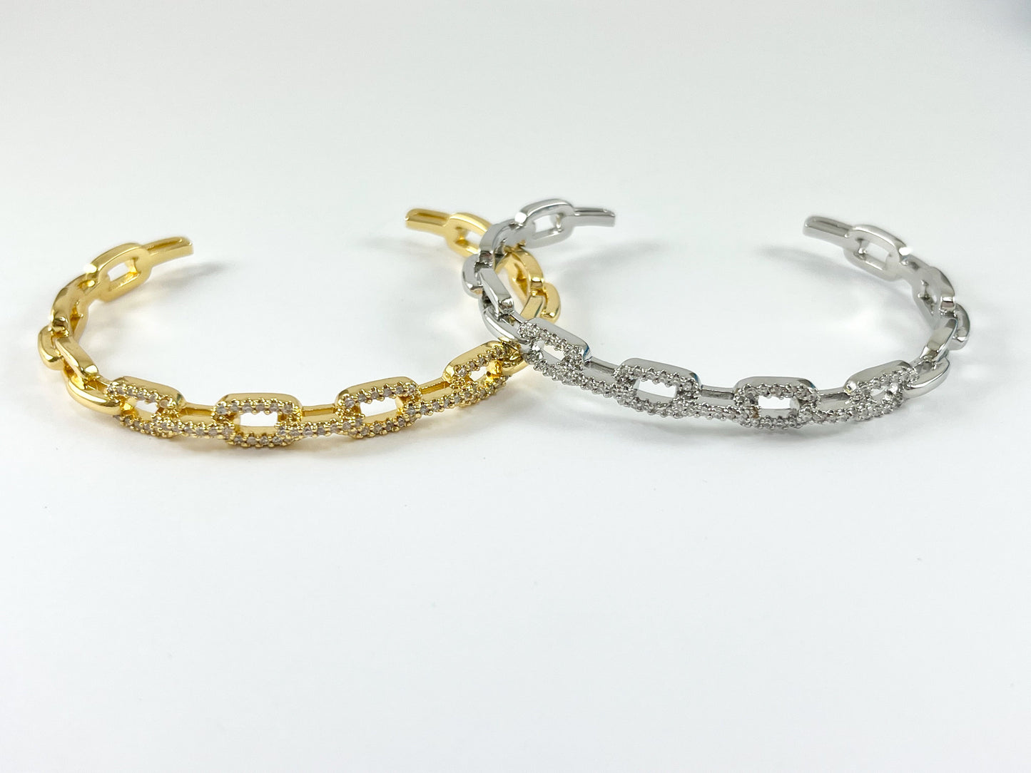 Real Gold/Platinum 18K Plated Copper CZ Pave Chain Link Rhinestone Bracelet Cuffs 1 pc