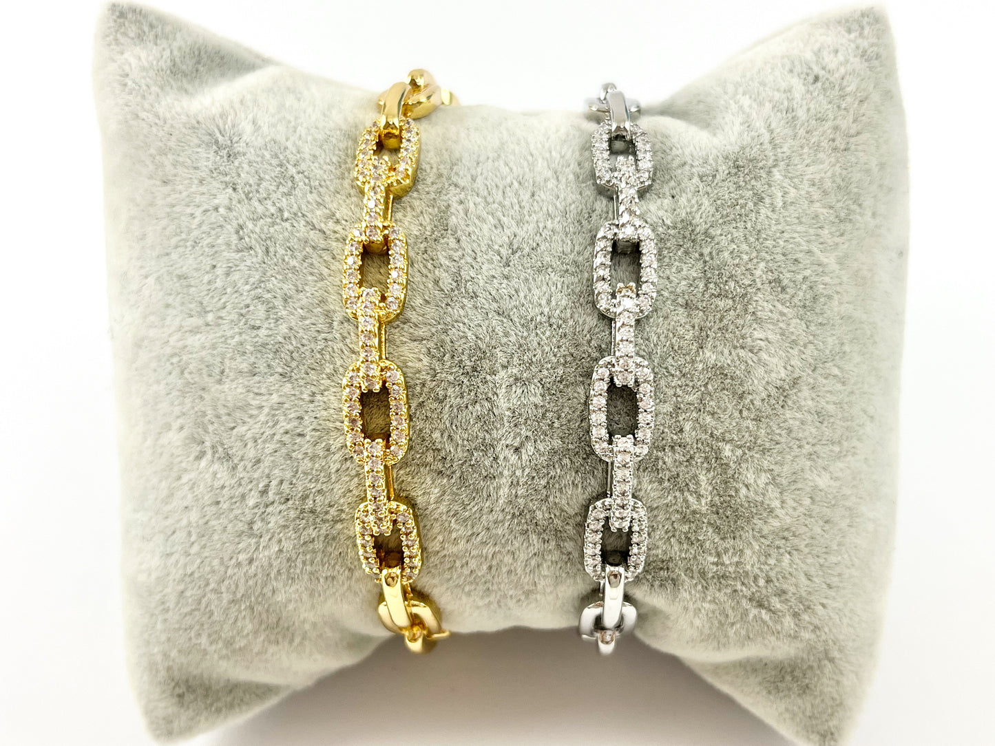 Real Gold/Platinum 18K Plated Copper CZ Pave Chain Link Rhinestone Bracelet Cuffs 1 pc