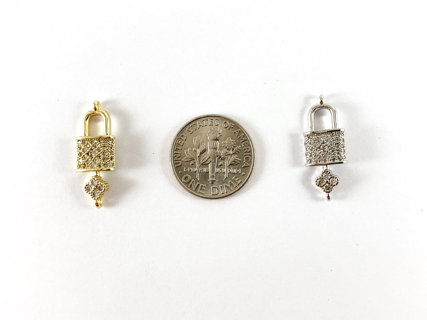 Real 18K Gold/Platinum Plated CZ Pave Tiny Fancy Key Locket Lock Charm Over Copper 5pcs